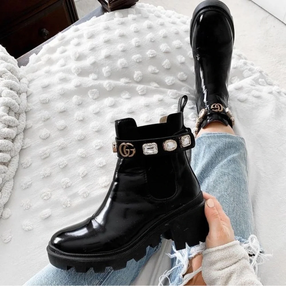 LIKE NEW Gucci Trip Embellished Block Heel Chelsea Boots, Size 38 - Picture 2 of 13